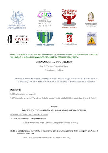 Corso di formazione su azioni e strategie per il contrasto alla discriminazione di genere sul lavoro: il ruolo dell'avvocato che assiste la consigliera di parità